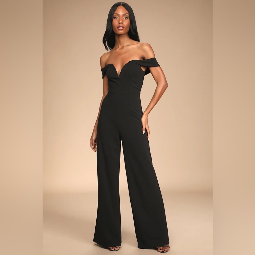 Lulus Classy Evening Black Off-the-Shoulder Wide-Leg Jumpsuit